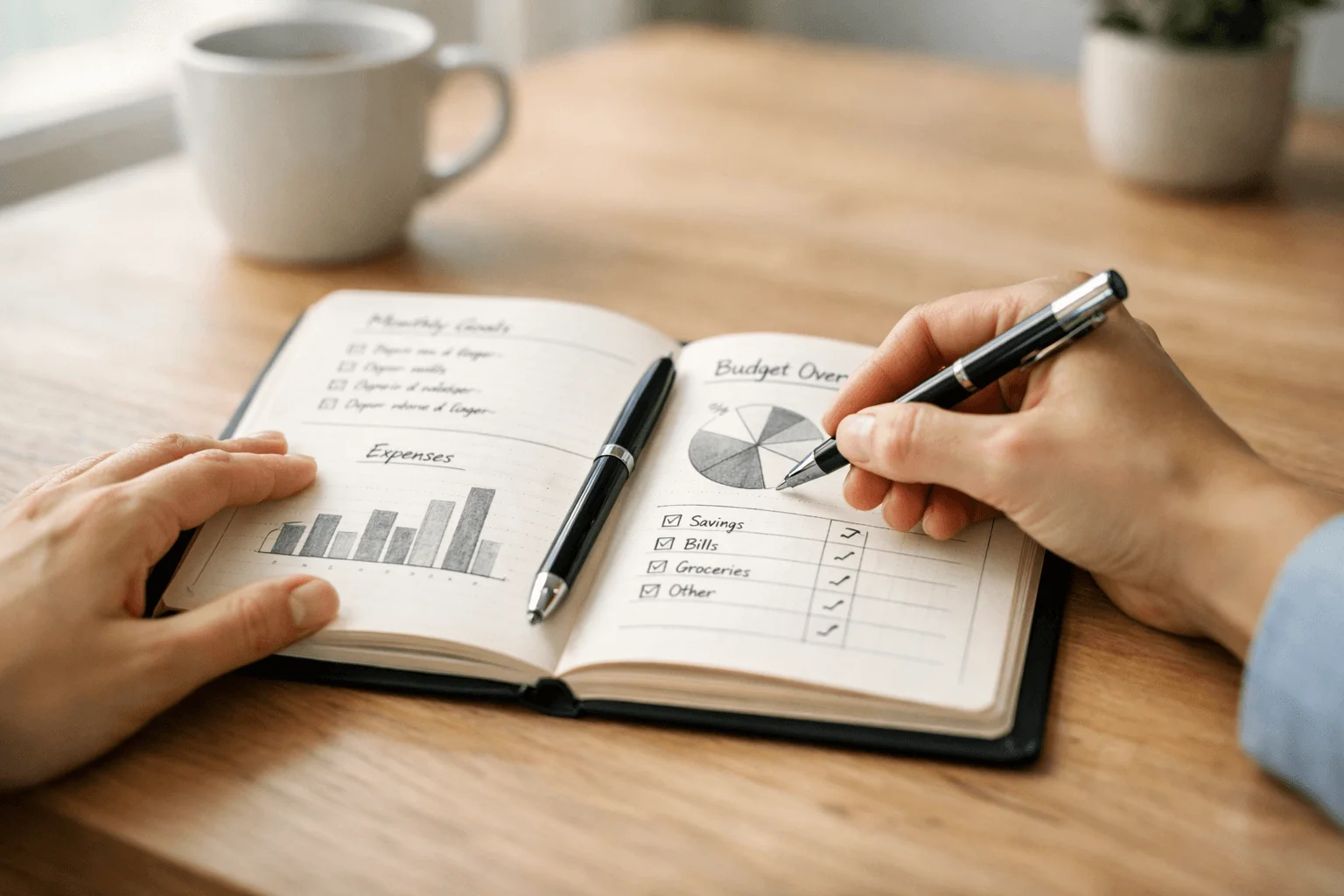 Person plant Budget mit Notizbuch und strukturierten Aufzeichnungen