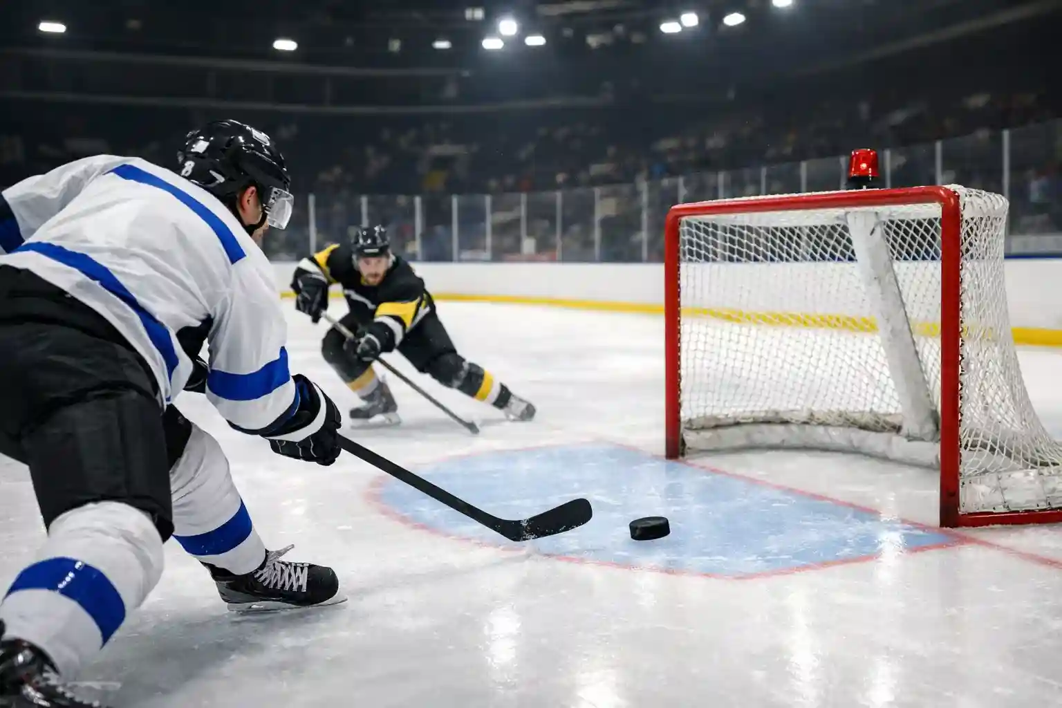 Eishockeyspieler schießt den Puck auf ein leeres Tor ohne Torwart in einer Arena