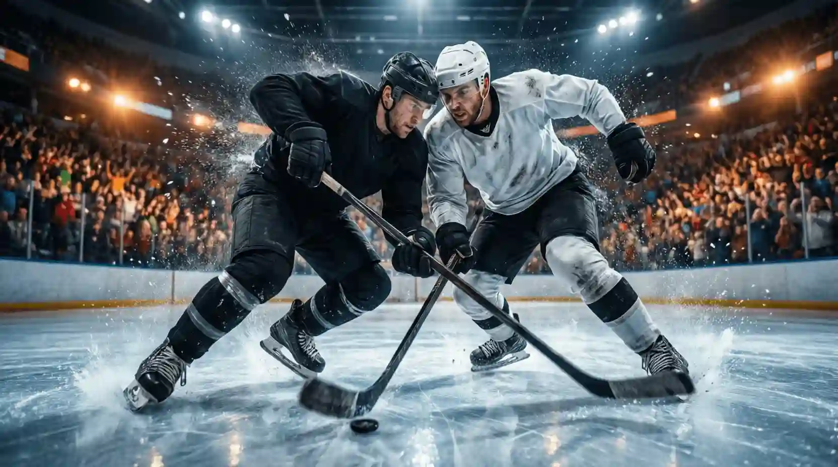 Eishockeyspieler im intensiven Zweikampf vor voll besetzter Arena