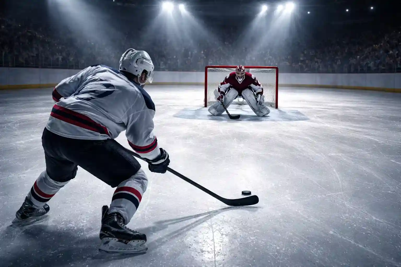 Eishockeyspieler allein vor dem Torwart im Shootout unter Stadionbeleuchtung