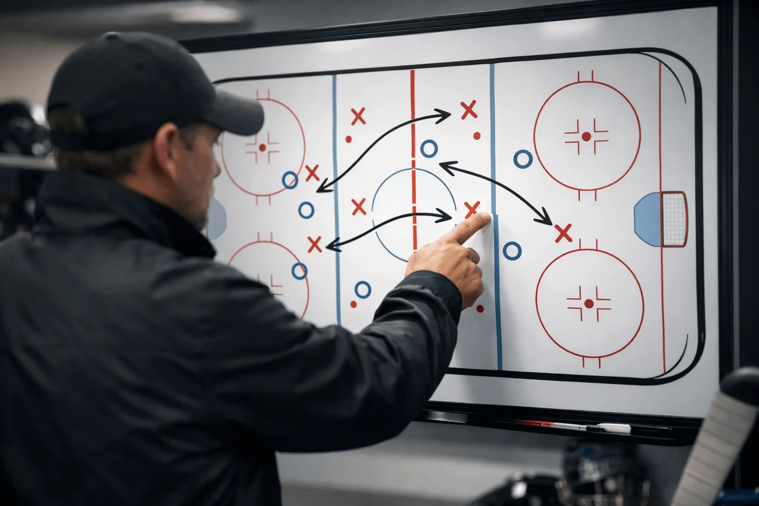 Trainer analysiert Spielzüge auf einem Taktikboard mit Eishockeyfeld