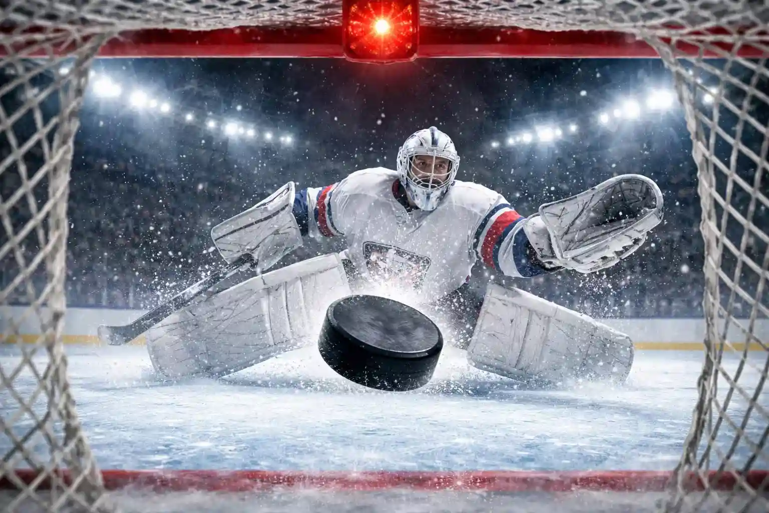 Eishockey-Puck fliegt ins Tornetz hinter dem geschlagenen Torwart