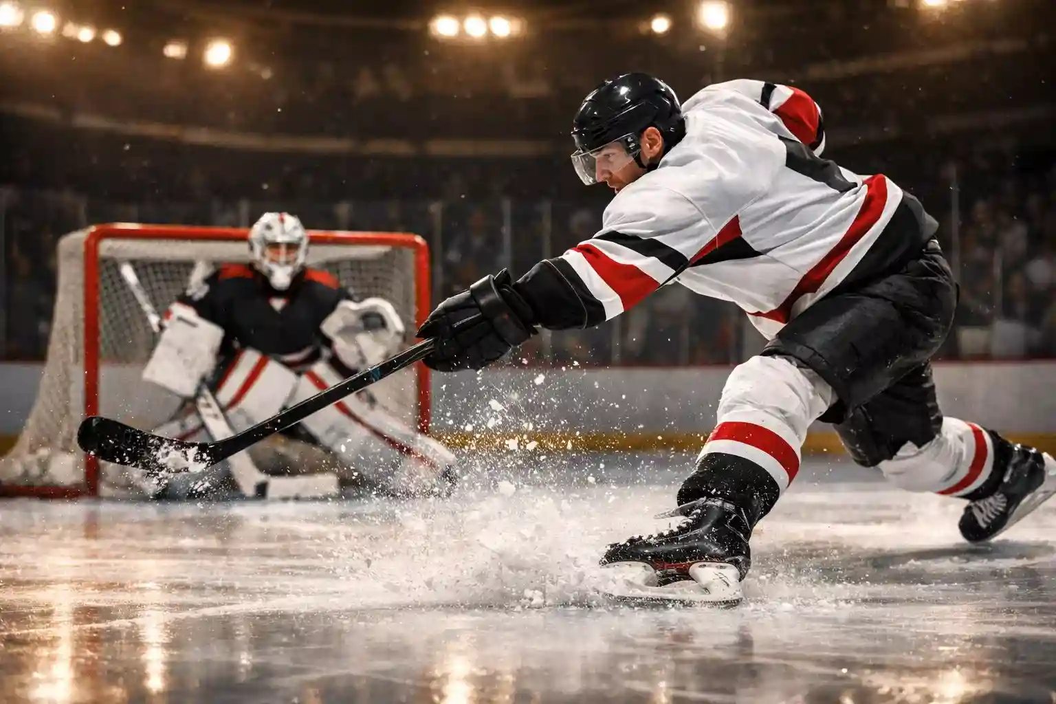 Nahaufnahme eines Eishockeyspielers beim Schuss aufs Tor in einer vollen Arena