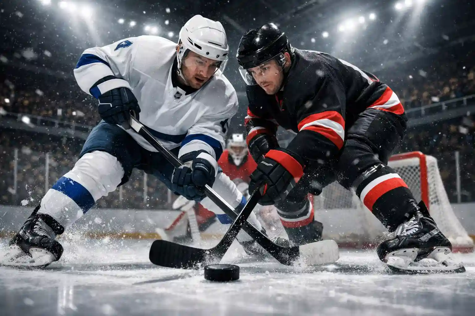 Eishockeyspieler kämpfen um den Puck auf dem Eis unter Flutlicht