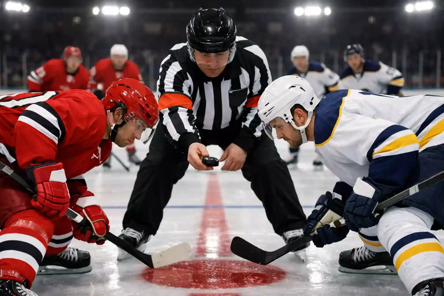 Zwei Eishockey-Teams stehen sich am Mittelkreis vor dem Bully gegenüber
