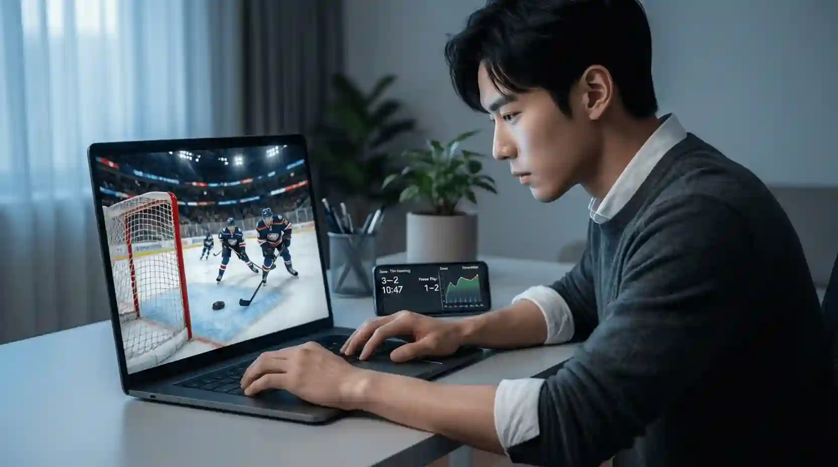 Person analysiert Eishockey-Statistiken auf Laptop während eines Live-Spiels