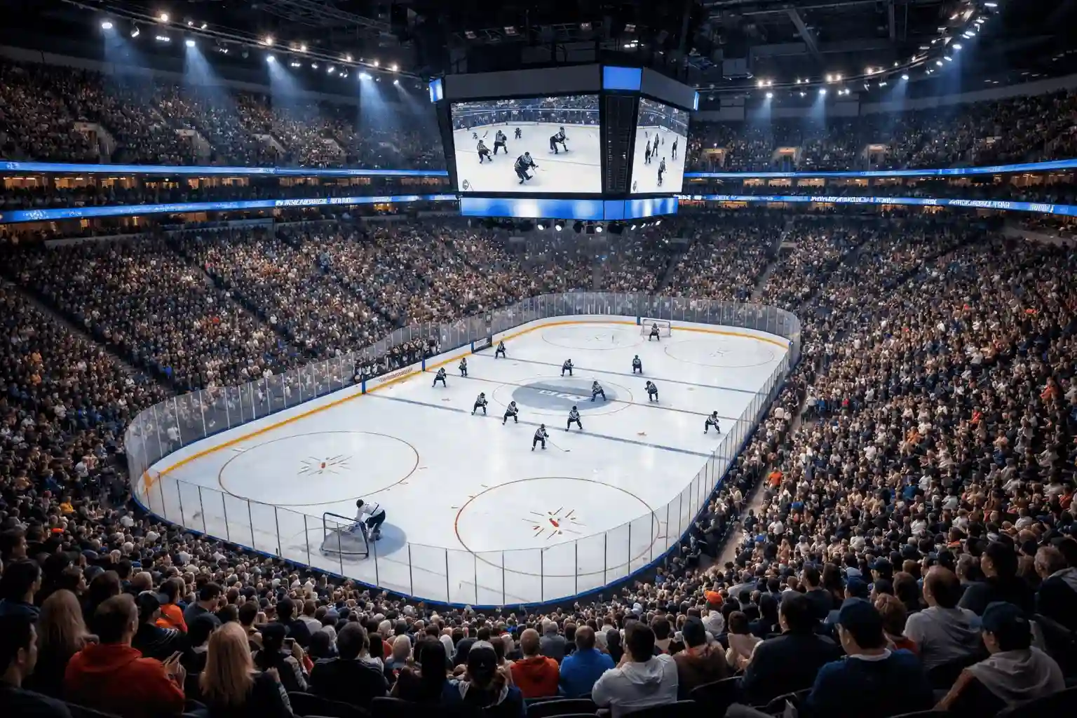 Ausverkaufte NHL-Arena mit begeisterten Fans und Eisfläche im Fokus
